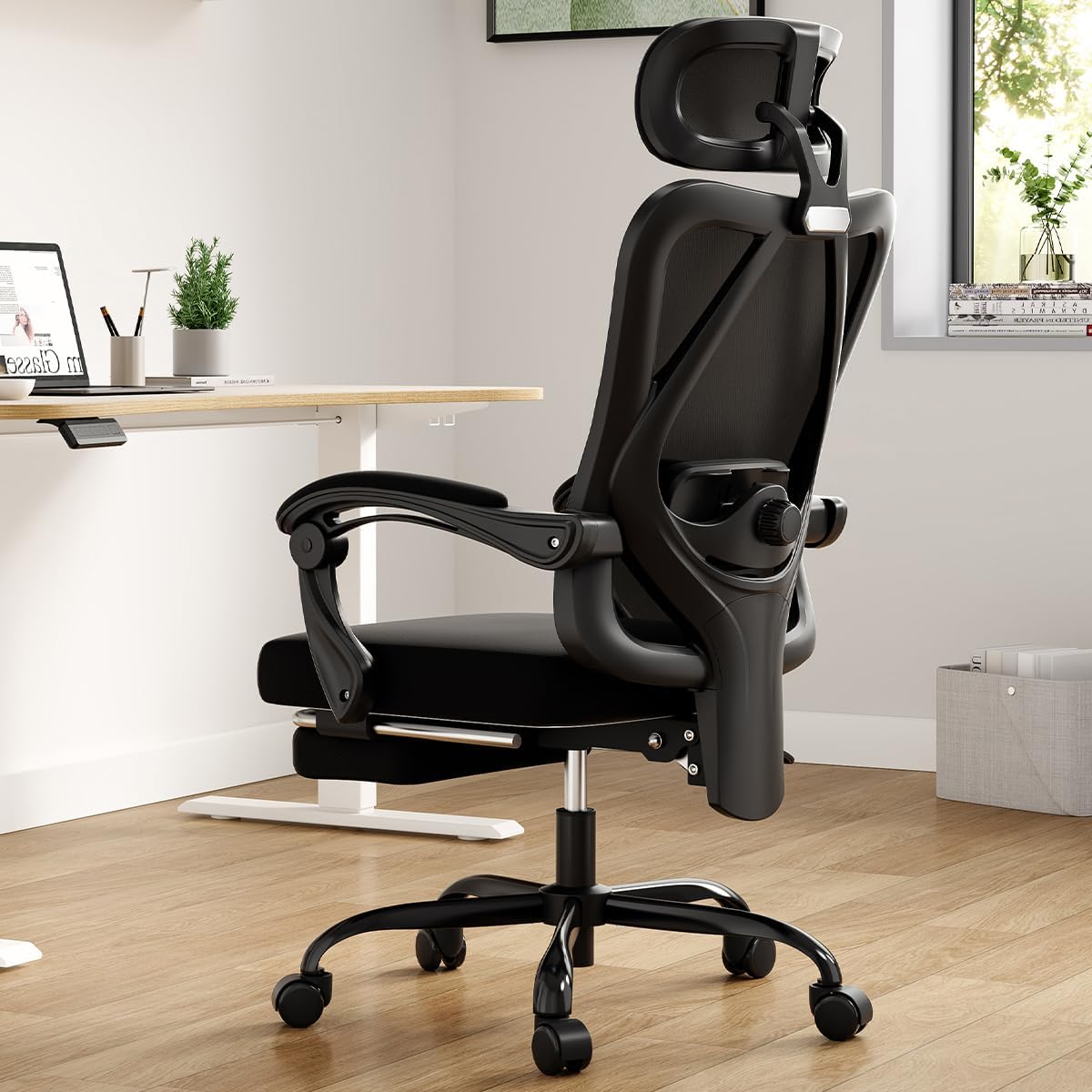 Farini Ergonomic Office Chair with Footrest, Mesh Office Desk Chair with Headrest, High Back Computer Chair with Adjustable Lumbar Support.for Home Office Study Room Bedroom (Black)