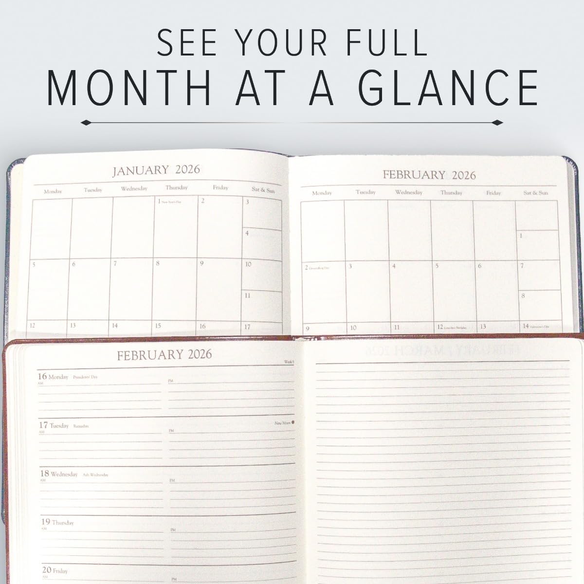 Gallery Leather Academic Planner 2025-2026, Teacher and Student Weekly Monthly Planner, Elegantly Bound Calendar with Gold-Gilded Page Edges, 18 Months - Acadia Plum - 9x7"