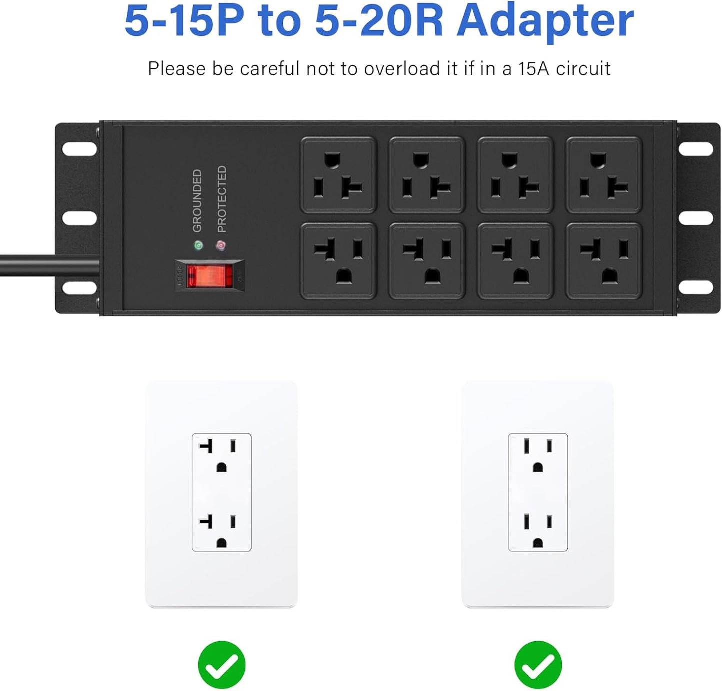 CCCEI 2PCS Heavy Duty Power Strip Surge Protector 20 AMP, 8 Outlets 12 Gauge Shop Garage Metal Multiple Outlets, 4 FT Extension Cord 5-15P Adapter High Amp 6-20R T-Slot 20a for Appliance Black.