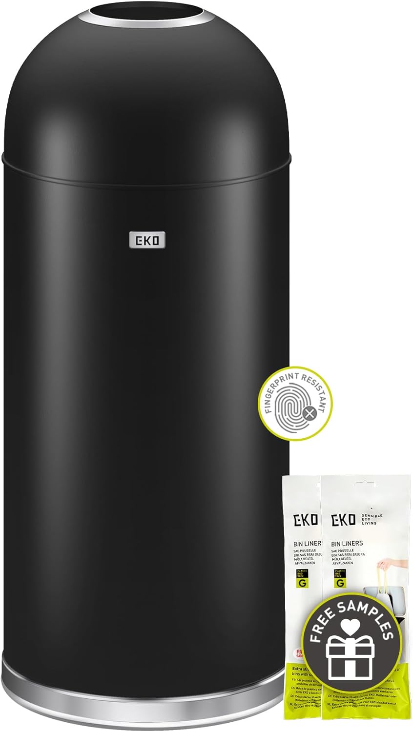 EKO Eternal 56L/15 Gallon Large Capacity Tall Commercial Trash Can, Round Open Top Waste Bin for Indoor and Outdoor, Black Steel Heavy-Duty, Durable Metal Garbage Bin for Home, Office, Restaurant
