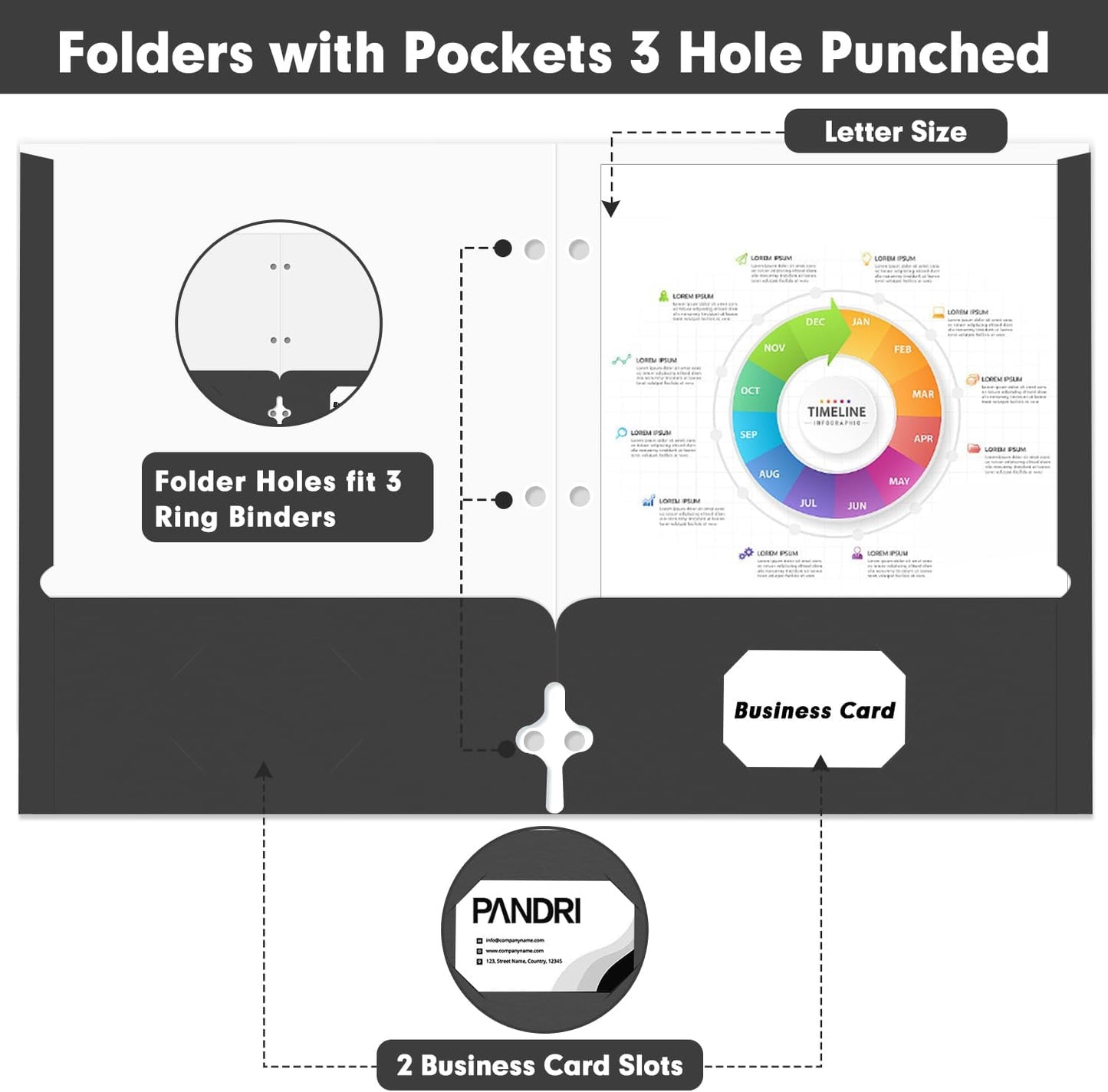 Two Pocket Portfolio Folders, PANDRI 60 Pack 3 Hole Punched 2 Pocket Folders for 3 Ring Binder, Letter Size Paper File Folder for School Office Home Business, Black