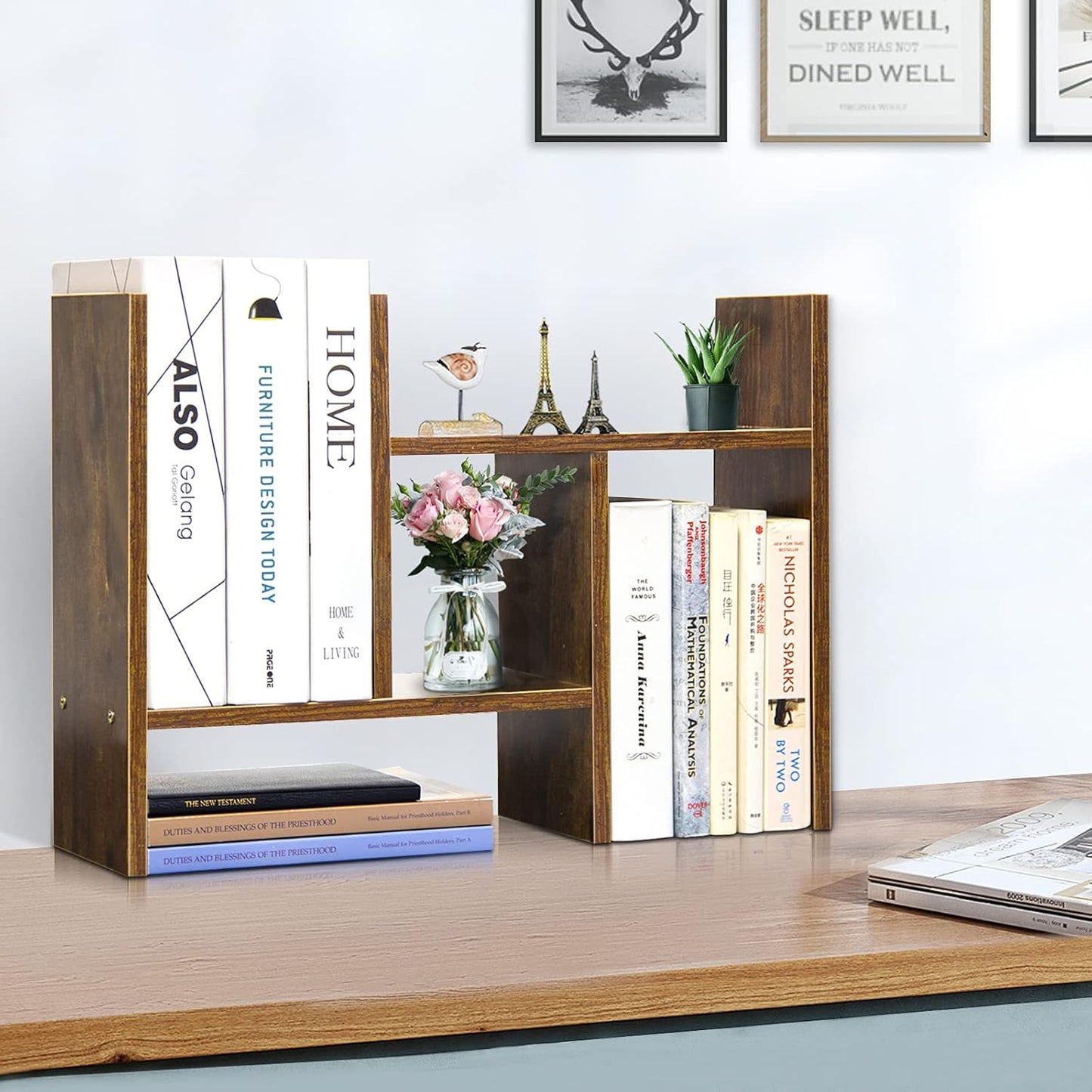 J.M.Deco Desktop Organizers and Storage for Office, Adjustable Desktop Organizer Shelf Double H Display, True Natural Stand Shelf, Desktop Shelf Organizer Natural Wood Tone