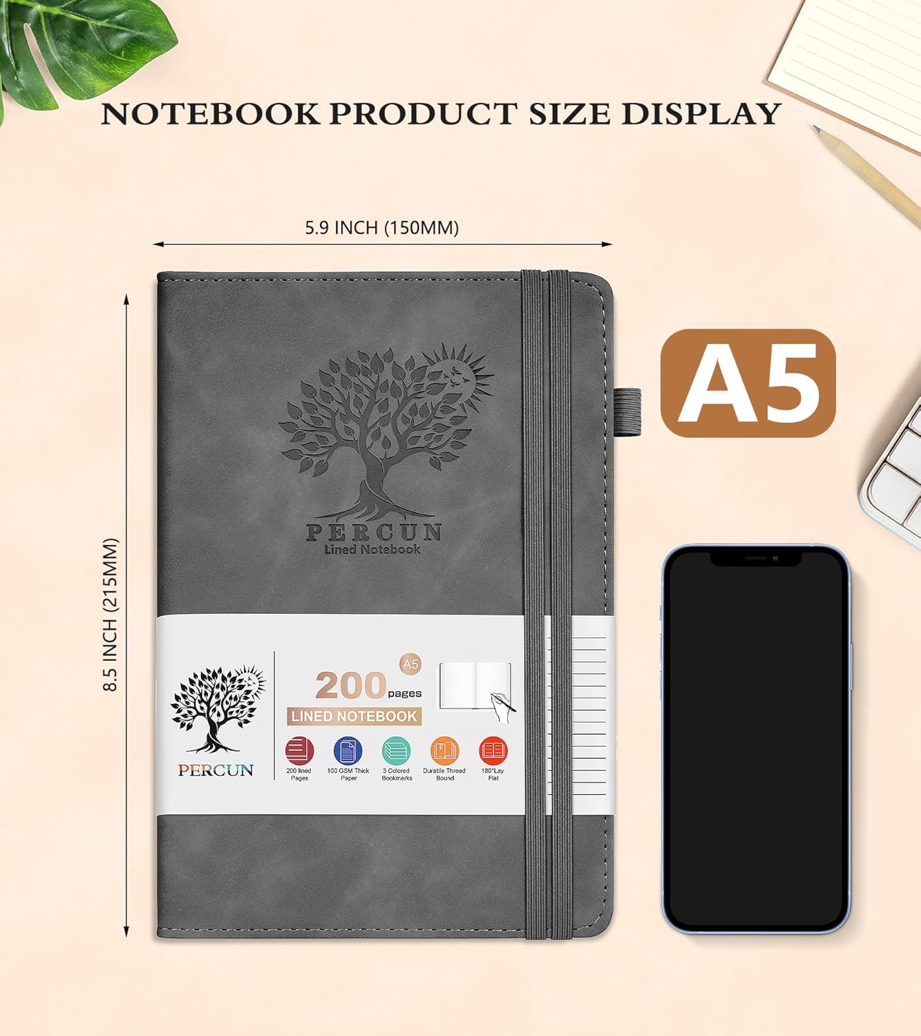 Lined Journal Notebook for Men & Women,200 Pages A5 Hardcover Leather Notebook (5.9"x8.5"), Travel Journal for Work, School, Business Writing, Note Taking, Notepad Diary (Grey)
