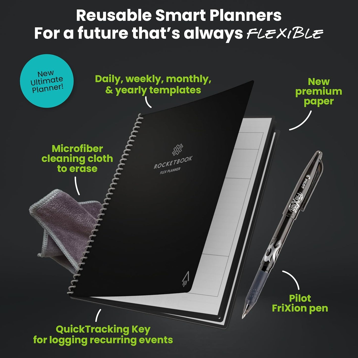 Rocketbook Flex Planner, Reusable Undated Smart, Letter Size 8.5x11 in Black – Daily, Weekly, Monthly, Annual Calendar, Tasks, Goals, Scheduling, Productivity, App Connected, Erasable, Durable Cover