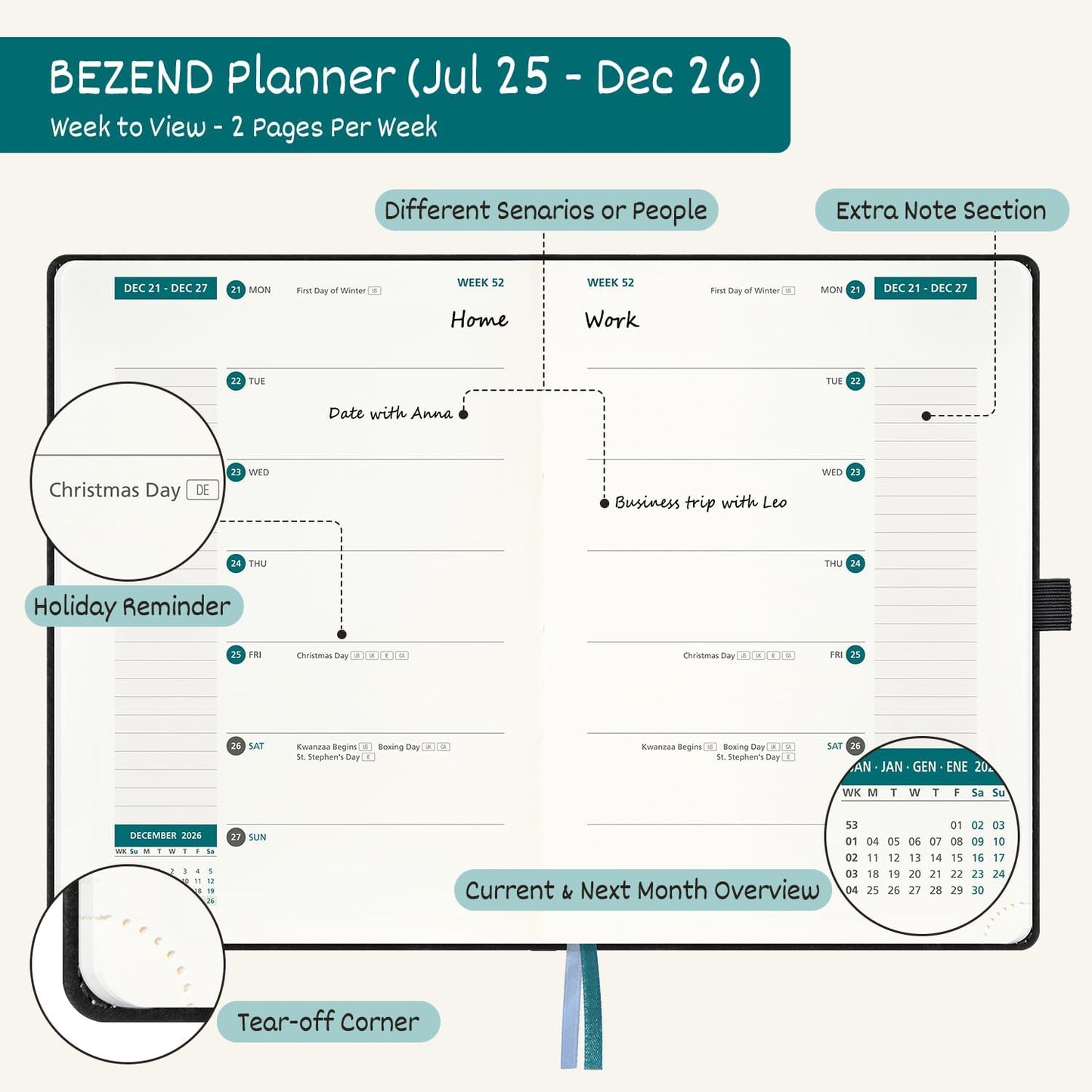 BEZEND Weekly Planner 2025-2026 with 2 Columns, 5.8" x 8.5" Academic Calendar 18 Months (Jul 25-Dec 26) Life Work Appointment Book with Monthly Tab, PU Leather Hardcover - Fruit Green