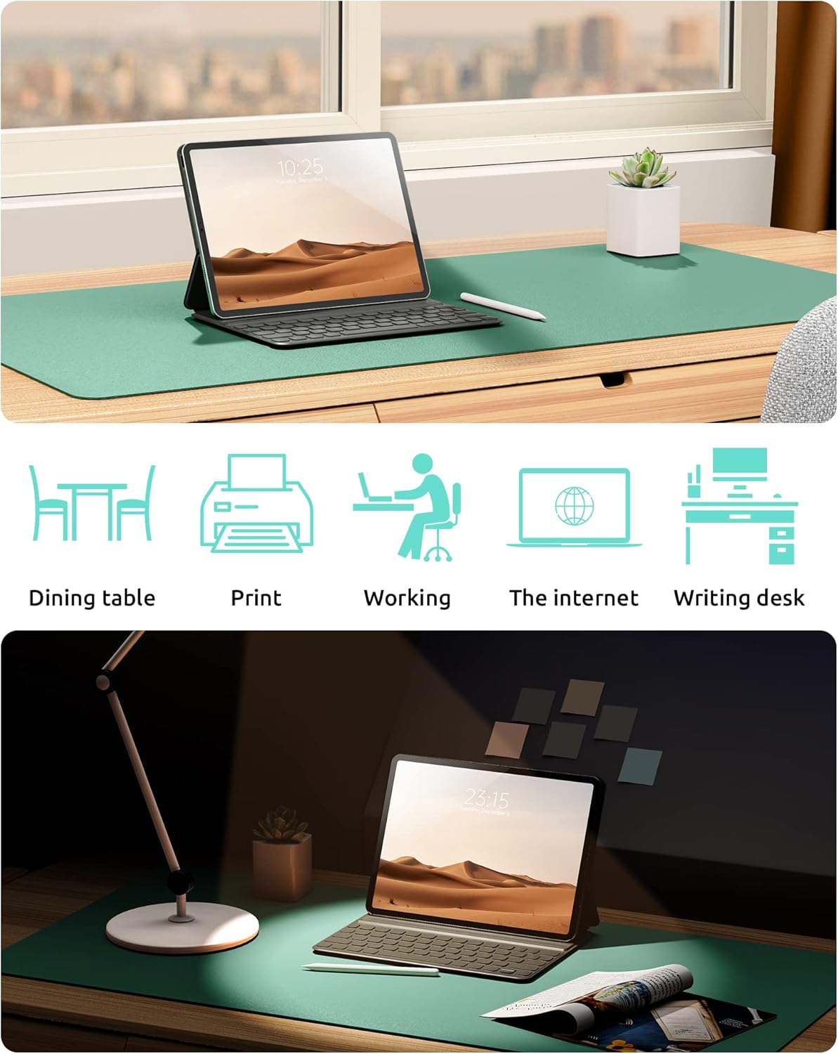 YSAGi Leather Desk Protector, Office Mat, Large Mouse Mat, Non-Slip PU Leather Blotter, Laptop Desk, Waterproof Writing Pad for Office and Home (Green-Blue, 35.4" x 17")
