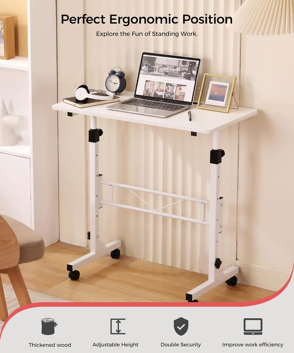 KLSMYHOKI Portable Standing Desk Adjustable Height, Small Computer, Laptop, Mobile Stand Up Rolling Desk with Wheels, Table for Home Office, 16"x31.5" Height 27"-43.5", White