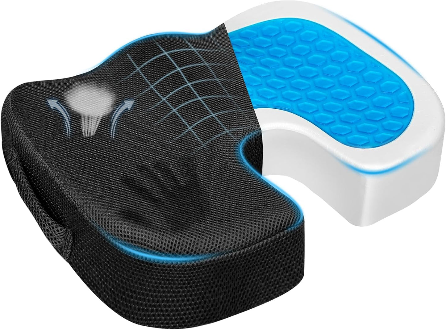Gel Seat Cushion for Car Office - Memory Foam Pain Relief Chair Pillow Cushions - Tailbone Sciatica Coccyx Butt Lumbar Support Pad for Sitting Driving Traveling, Mesh, Black
