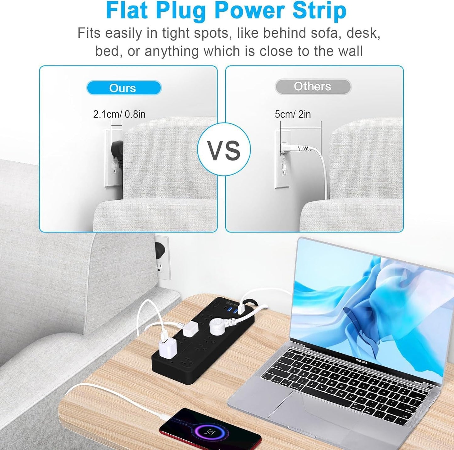 25 FT Power Strips with Surge Protection 1625W/13A,10 Outlets with 4 USB Ports (1 USB C) Long Extension Cord with Multiple Outlets 14-in-1 1700J 16Awg Flat Plug Power Strip Protector Black ETL Listed