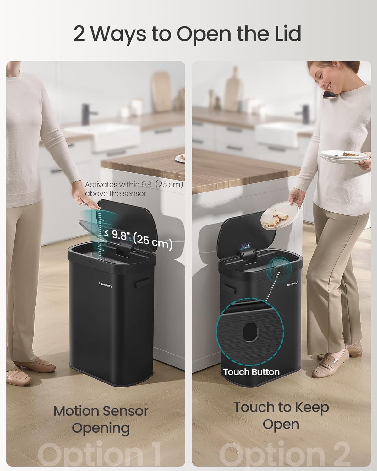 SONGMICS Motion Sensor Trash Can, 13-Gallon (50 L) Automatic Garbage Can with Soft Close Lid, Stainless Steel, Wave or Touch to Open, Includes 15 Bags, Ink Black ULTB640B01