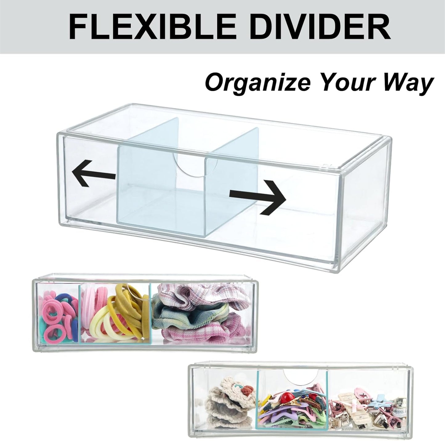 Set of 2 Stackable Storage Drawers - 7.8" Clear Plastic Drawer Storage, Acrylic Makeup Organizer, Desk Counter Cabinet Office Organizer, Bathroom Organizers and Storage (3 Grid/Set of 2)