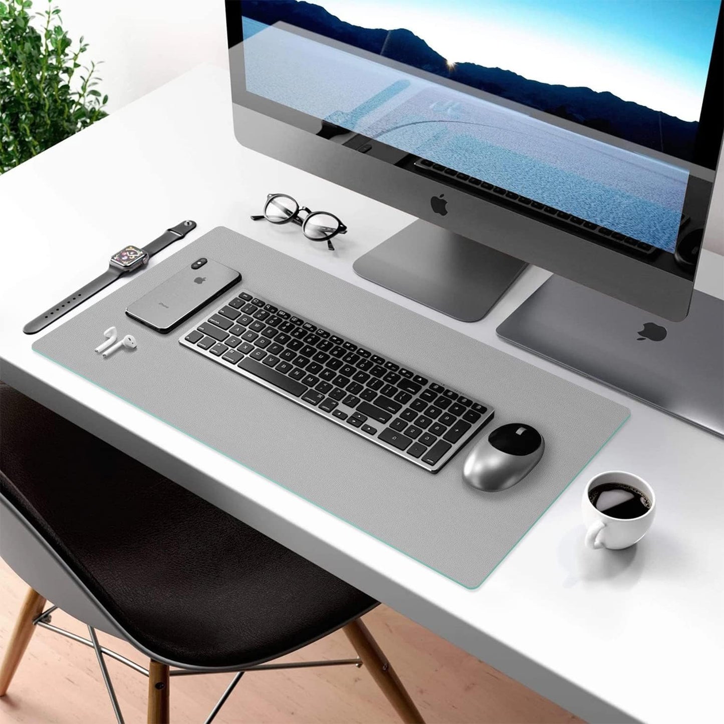 Desk Mat Large Protector Pad - Multifunctional Dual-Sided Office Desk Pad,Smooth Surface Soft Mouse Pad, Waterproof Desk Mat for Desktop, Pu Leather Desk Cover for Office/Home(Grey, 36" x 17")