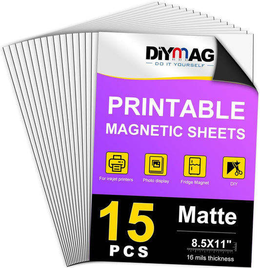 DIYMAG Printable Magnetic Sheets, 15Pcs 8.5 x 11 Inch Flexible Magnet Sheets Matte Non Adhesive Magnetic Paper for Inkjet Printer Photo DIY Crafts