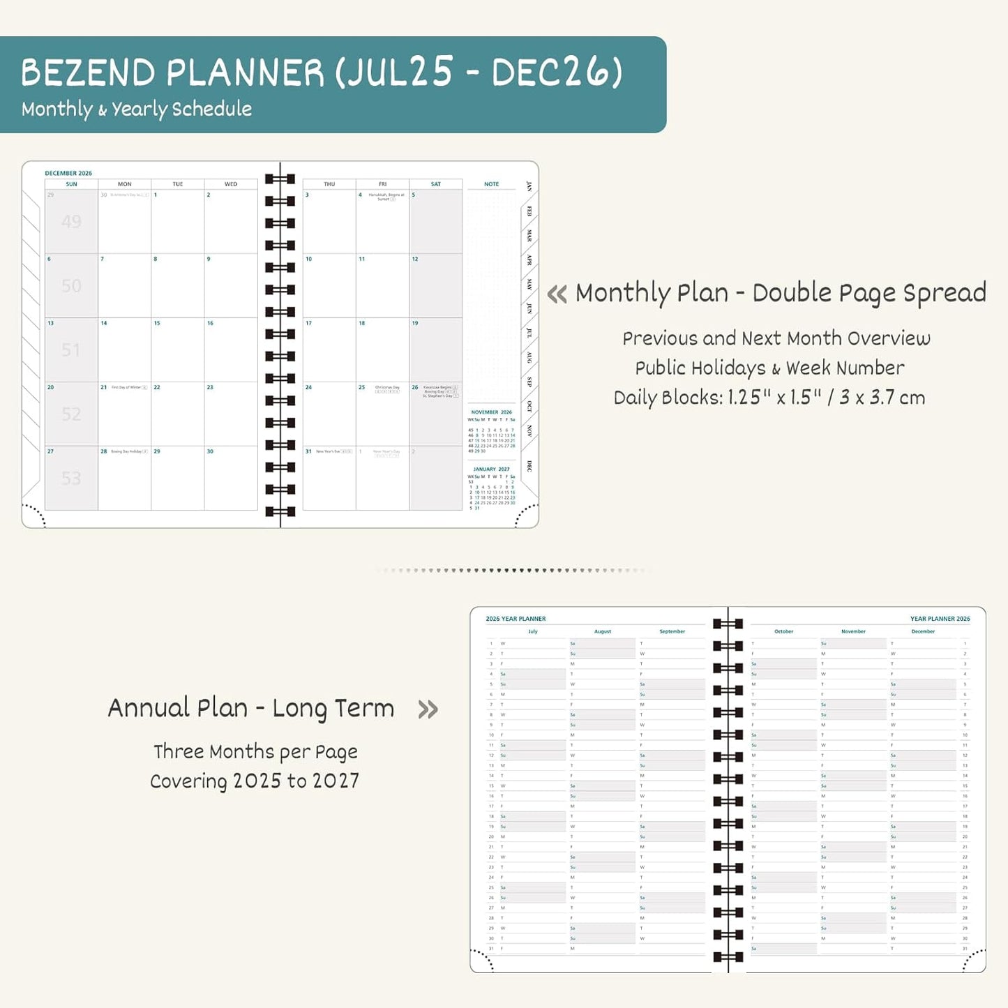 BEZEND Planner 2025-2026 Weekly and Monthly, 5.8" x 8.5" Academic Calendar (Jul 25-Dec 26) Vertical Daily Appointment with Hourly Timeslot & Monthly Tab, Spiral, PU Leather Softcover - Cornflower