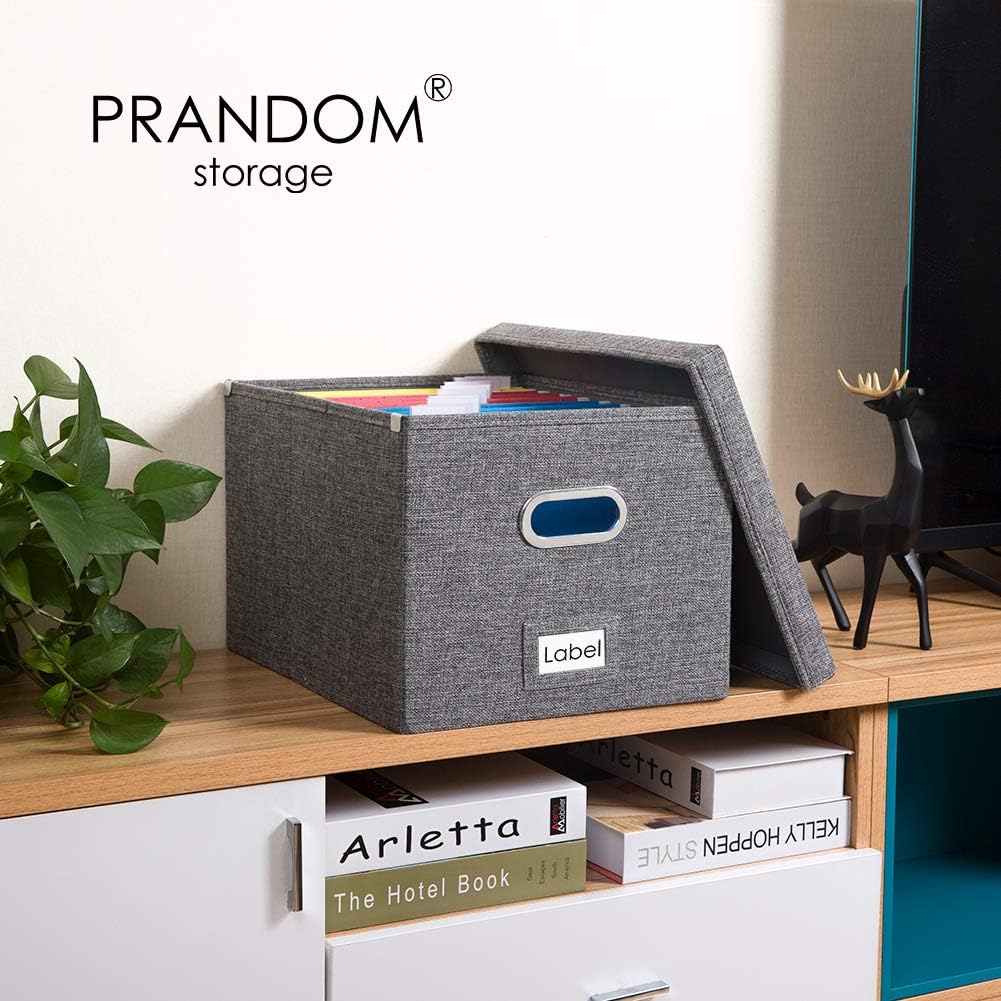 PRANDOM File Organizer Box - Set of 4 Collapsible Decorative Linen Filing Storage Hanging File Folders with Lids Office Cabinet Letter/Legal Size Grey 17.1x14x11.1 inch