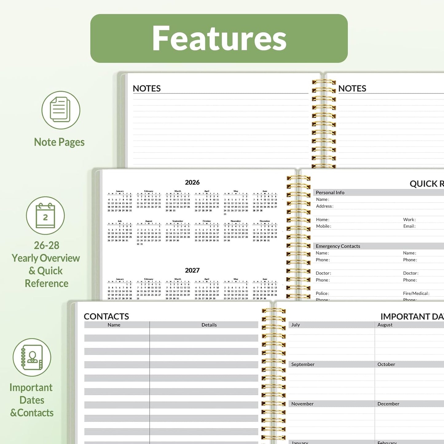 SUNEE 2026 Weekly and Monthly Planner - from January 2026 - December 2026, 8.5"x11" Daily Agenda Planner with Monthly Tab, Flexible Cover, Note Pages, Pockets, Bookmark, Spiral Binding, Sage Green
