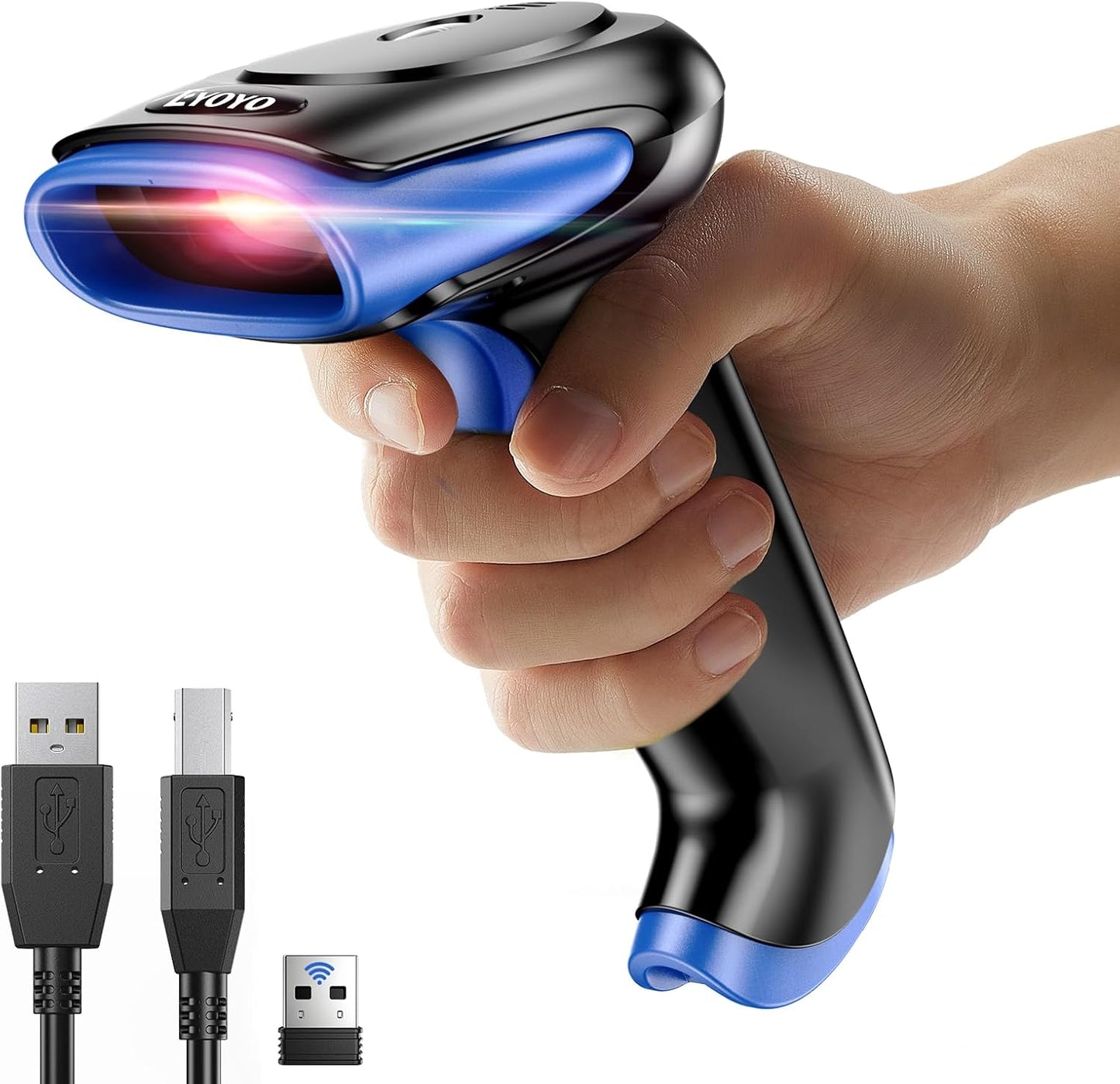 Eyoyo 2D Bluetooth Barcode Scanner Wireless, 2500mAh Handheld Cordless USB Wired QR Bar Code Reader for Library, Warehouse Inventory Compatible with iPad, Android Phone, iPhone, Laptop