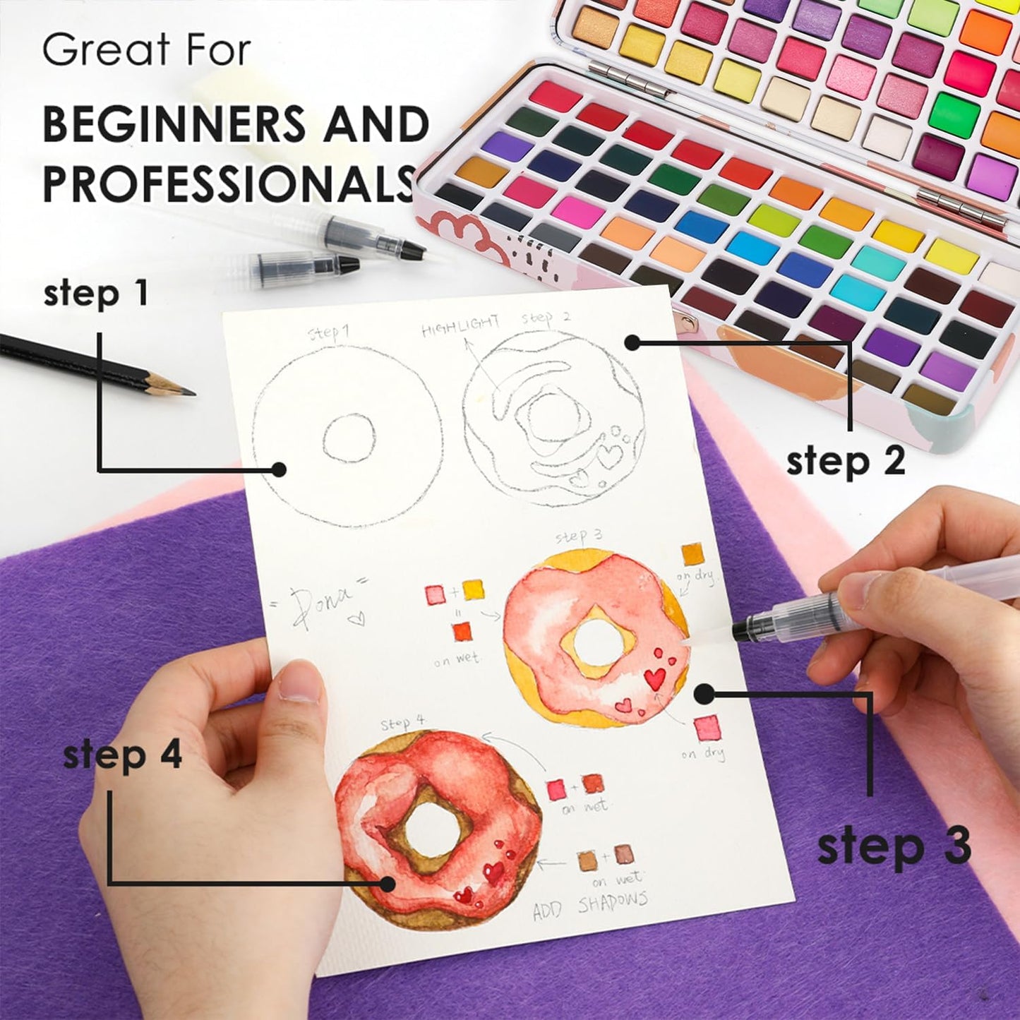 Grabie 100 Colors Watercolor Paint Set - 50 Regular, 35 Metallic, 10 Macaron and 5 Fluorescent Colors - Portable with Carrying Case, Water Brush Pens, and Accessories - For Beginners and Professionals