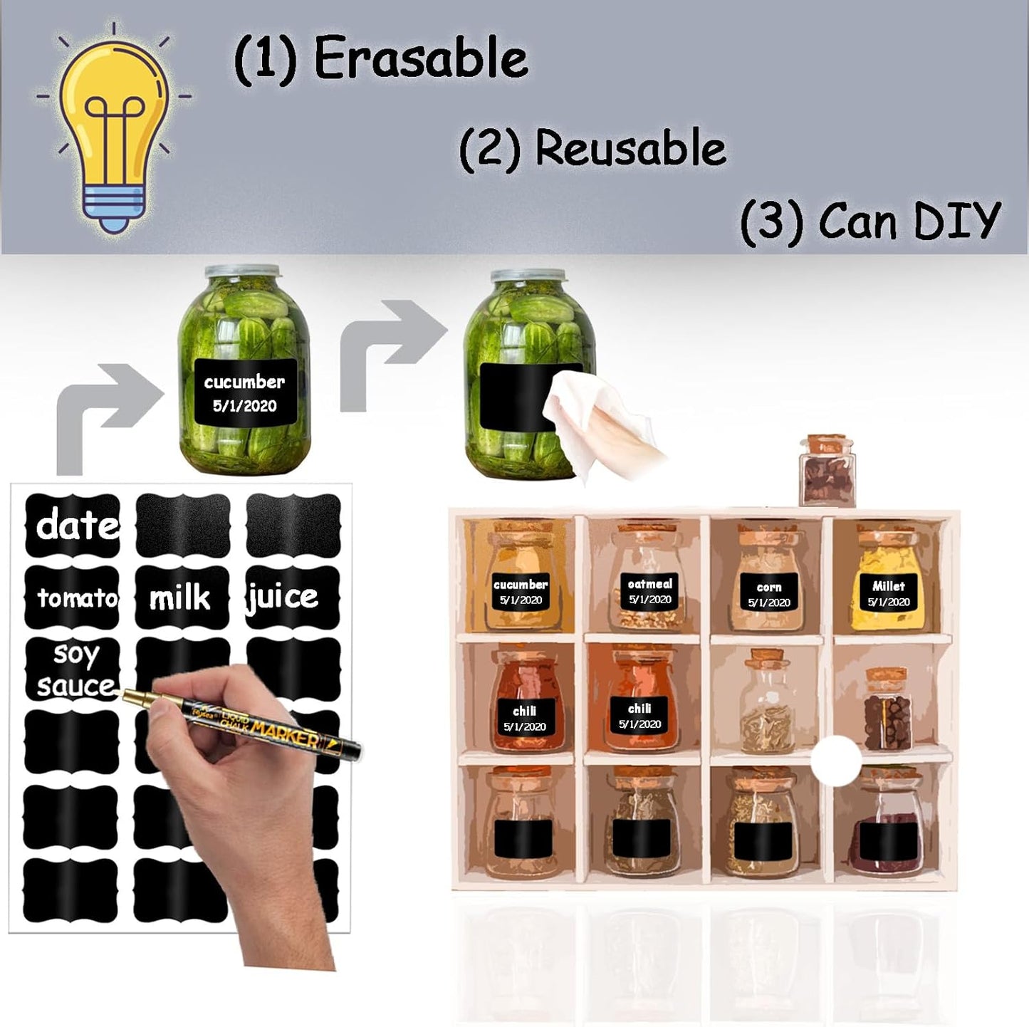 Chalkboard Labels, 72 Pcs Waterproof Reusable Chalk Stickers with Erasable Chalk Marker for Jars, Storage Bins, Kitchen, Parties, Weddings, Craft Rooms