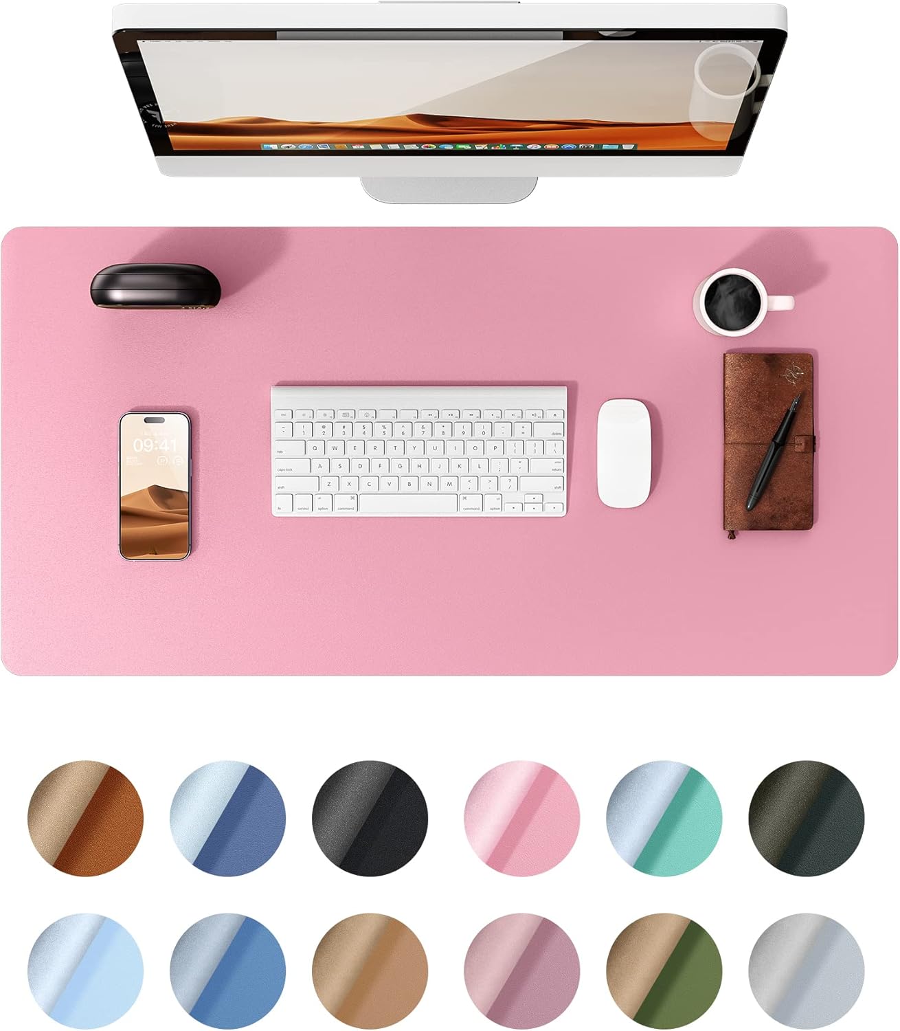 YSAGi Leather Desk Protector, Office Mat, Large Mouse Mat, Non-Slip PU Leather Blotter, Laptop Desk Mat, Waterproof Writing Pad for Office and Home (Pink, 35.4" x 17")
