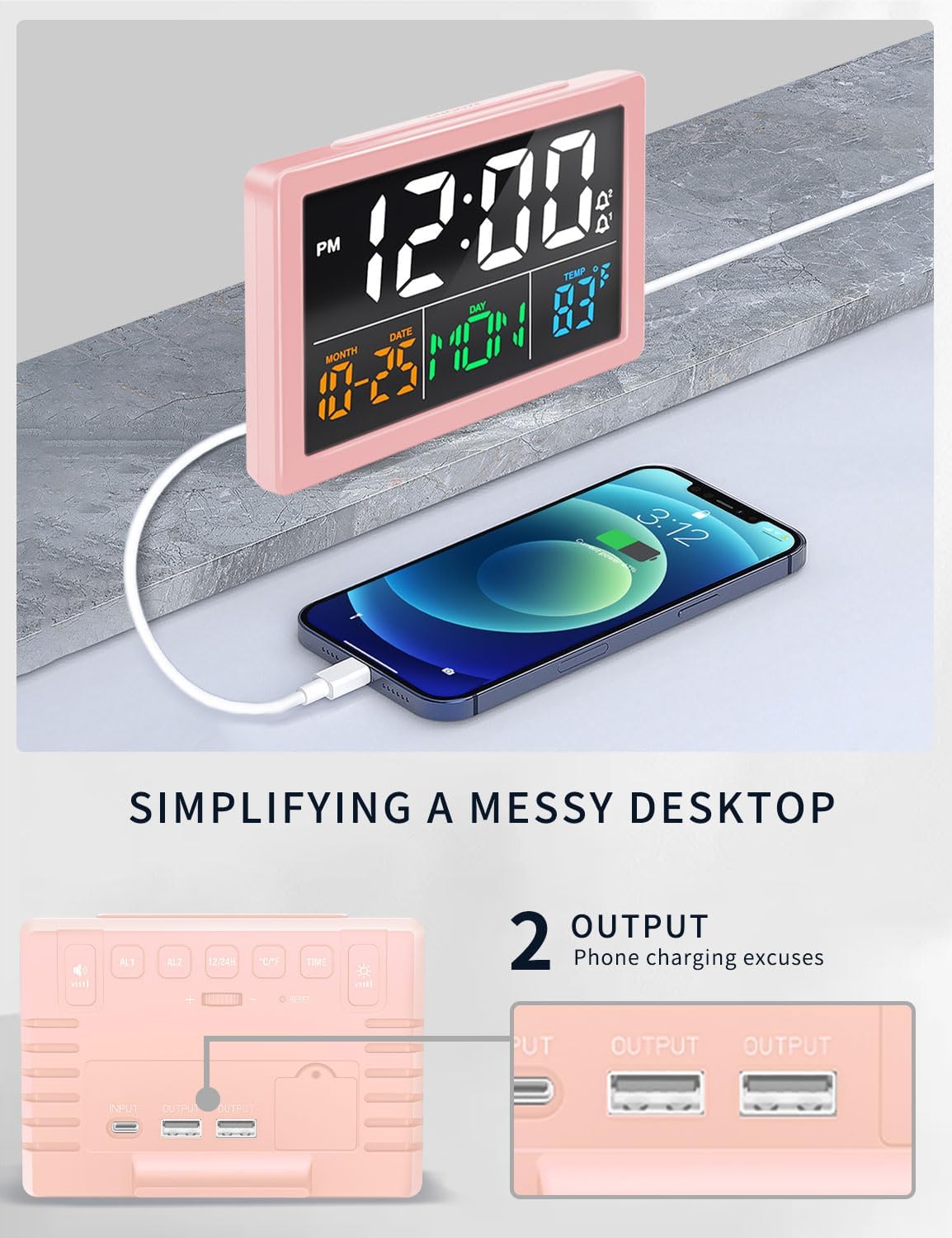 Digital Alarm Clock, with 5.5" Large LED Time Display, Adjustable Alarm Volume, 6 Level Brightness, Alarm Settings, USB Charger, Temperature Detect, Snooze, Clocks for Bedroom, Bedside, Desk, Pink
