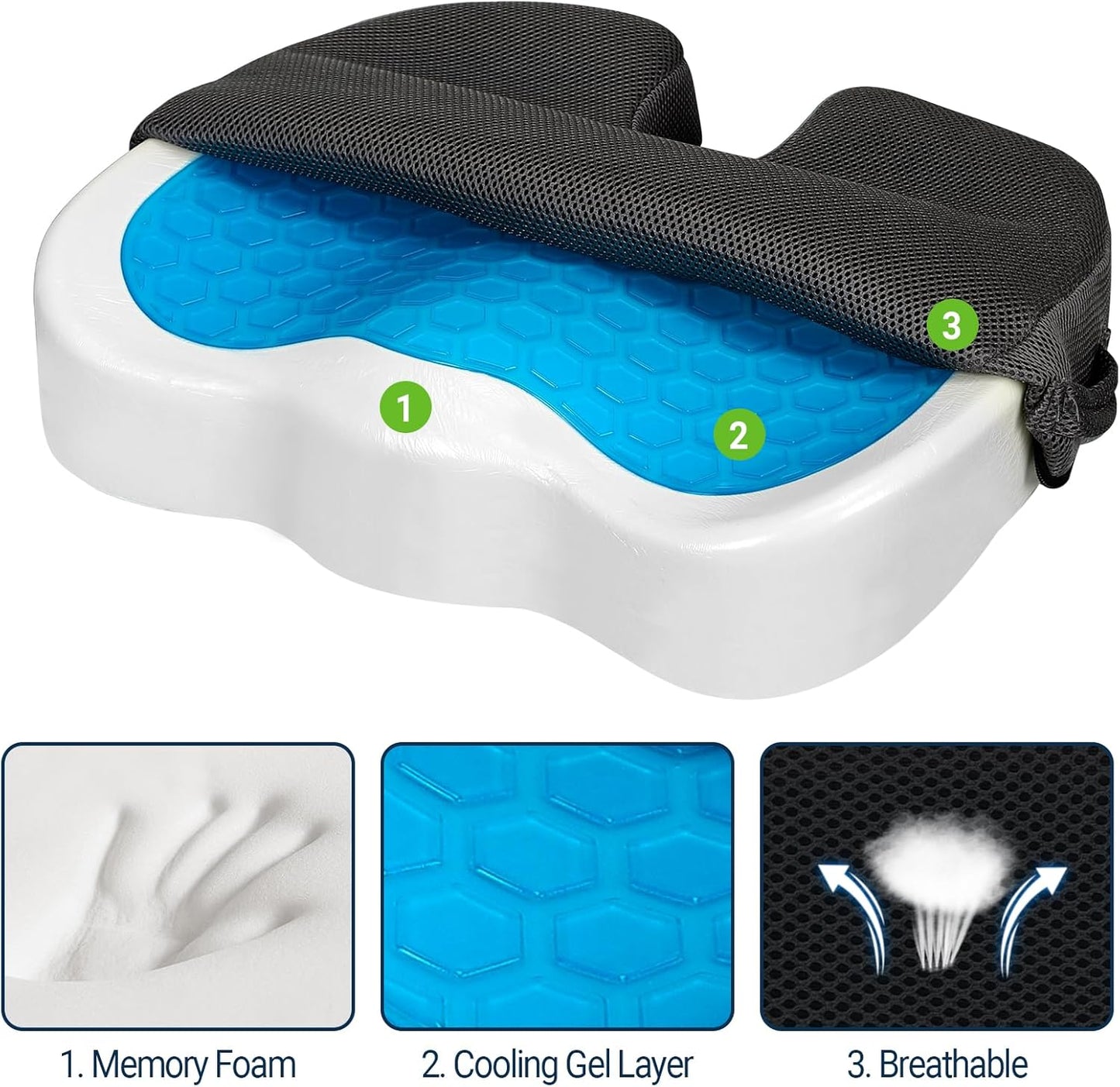 Gel Seat Cushion for Car Office - Memory Foam Pain Relief Chair Pillow Cushions - Tailbone Sciatica Coccyx Butt Lumbar Support Pad for Sitting Driving Traveling, Mesh, Black