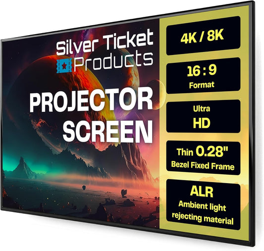 Silver Ticket Products S7 Series 6 Piece Thin Bezel Home Theater Fixed Frame 4K/8K Ultra HD, HDTV, HDR & Active 3D Projection Screen, 16:9 Format, 100" Diagonal, UST ECLIPSE Material S7-169100-ECLIPSE