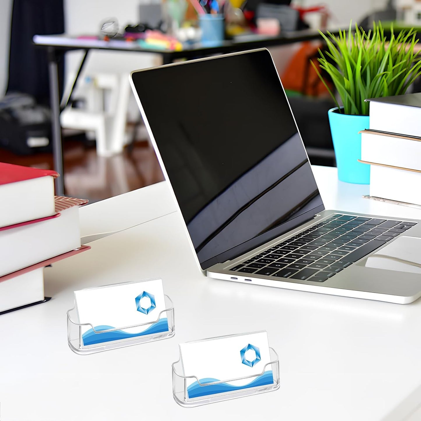 Mototo Acrylic Business Card Holder for Desk, 100 Pack Plastic Business Card Display Clear Business Card Holder Desktop Cards Stand for Home Office Exhibition Desk Table, Fits 30-50 Business Cards