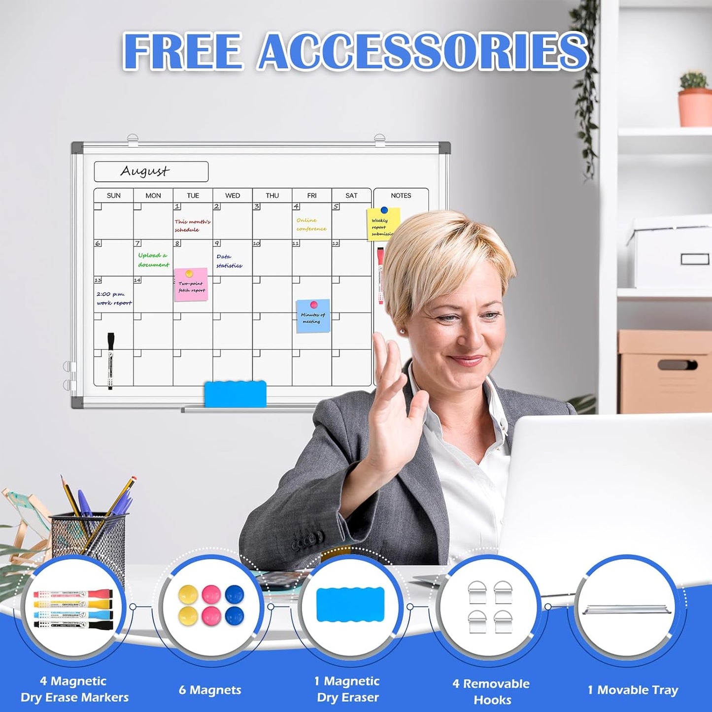 Monthly Calendar Dry Erase Whiteboard for Wall, 36" x 24" Double-Sided Calendar White Board, Magnetic Portable Board for Office, Kitchen, School, Home