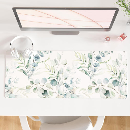 QIYI Large Mouse Pad, Cute Green Leaves Desk Mat for Desktop, Women Girls Office Décor Desk Accessories, PU Leather Waterproof Gaming Mousepad, Eucalyptus Leaf Desk Pad Computer Mat, 31.5" x 11.8"