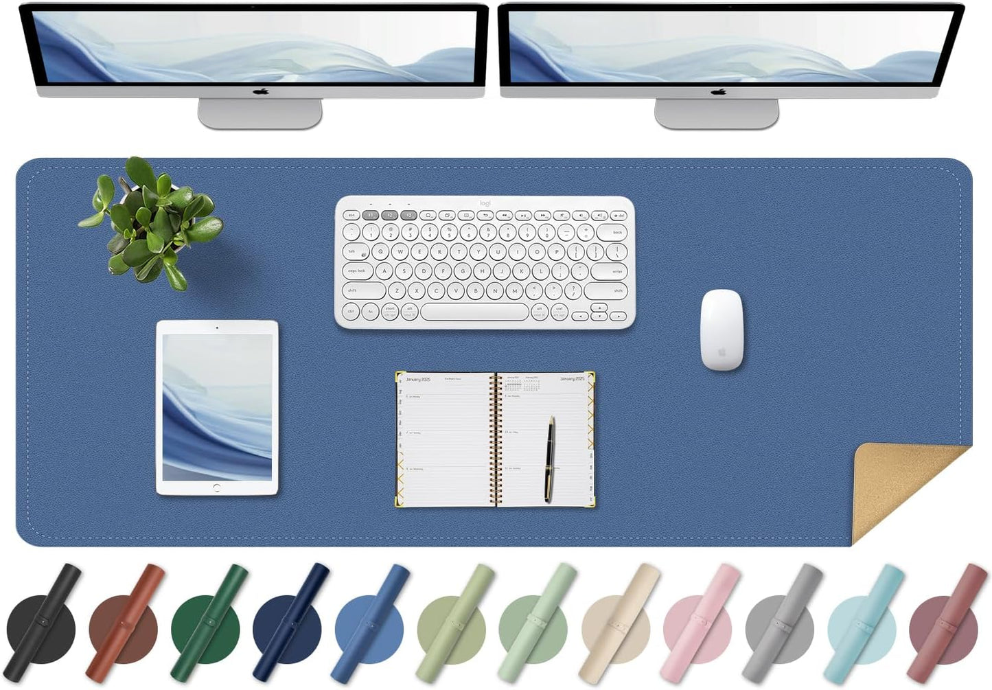 BLESWIN Large Desk Pad Mat 47.2"" x 17"", Office Desk Mat, Non-Slip PU Leather & Cork Desk Blotter for Keyboard and Mouse, Large Desk Mat, Large Mouse Pad for Office & Home(Lake Blue)