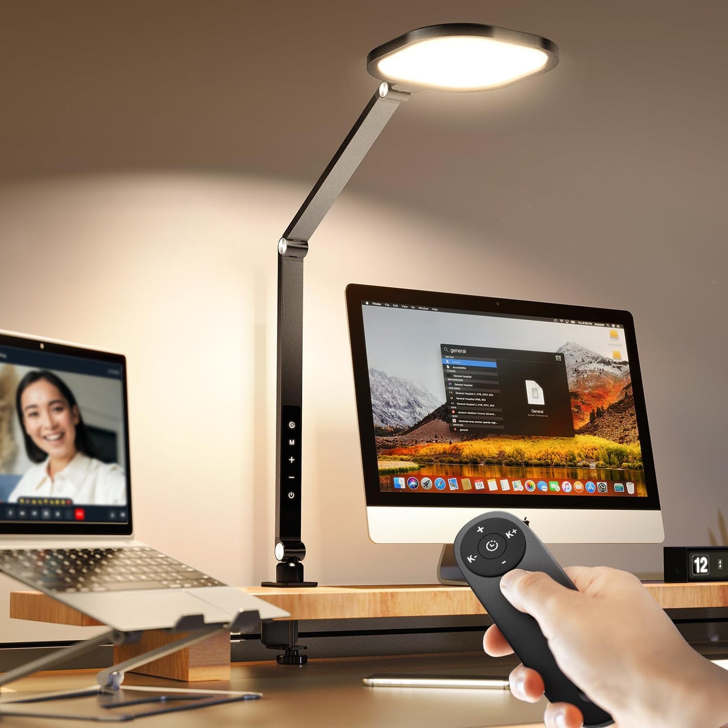 Led Desk Lamps for Home Office, Eye-Care Architect Light with Clamp, Dimmable Zoom Lighting with 3 Color Modes & 10 Brightness, Smart Computer Ring Light for Video Calls, Conference, Reading