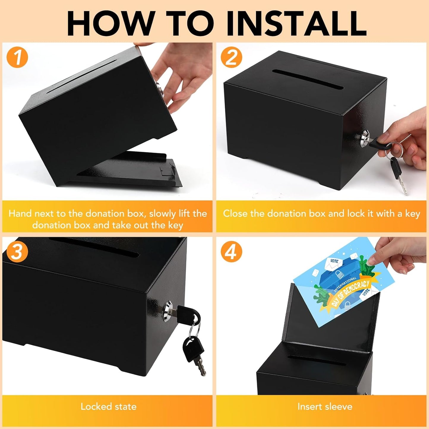 Tip Jar Suggestion Box with Slot and Lock Metal Donation Raffle Fundraising Cash Ballot Money Ticket Bartender Voting Prayer Comment Teacher Mailbox Booth Card Coin Classroom Restaurant Black