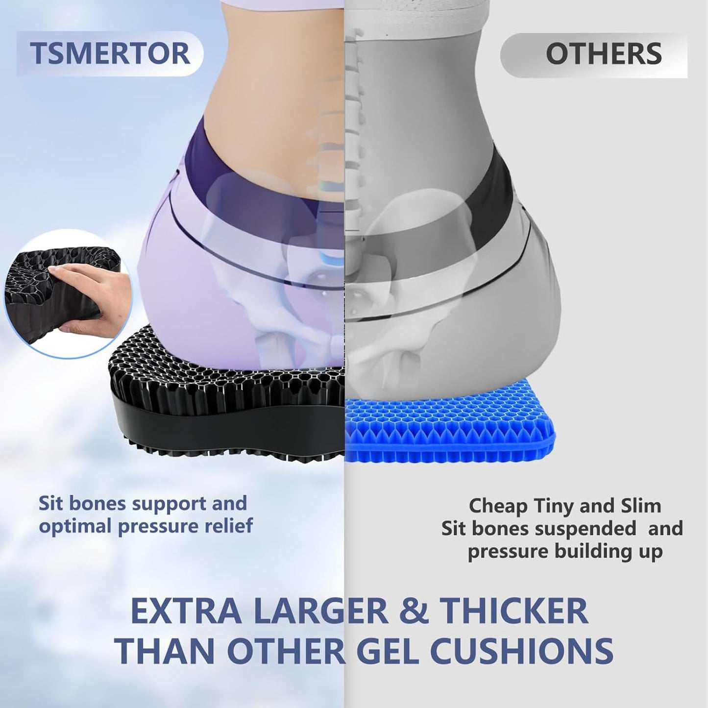 19.7in Thicken Cooling Gel Seat Cushion, Larger Gel Seat Cushion for Long Sitting Pressure Relief Seat Pad for Office Chair Egg Cushions for Car, Desk Chair, Wheelchair Cushion