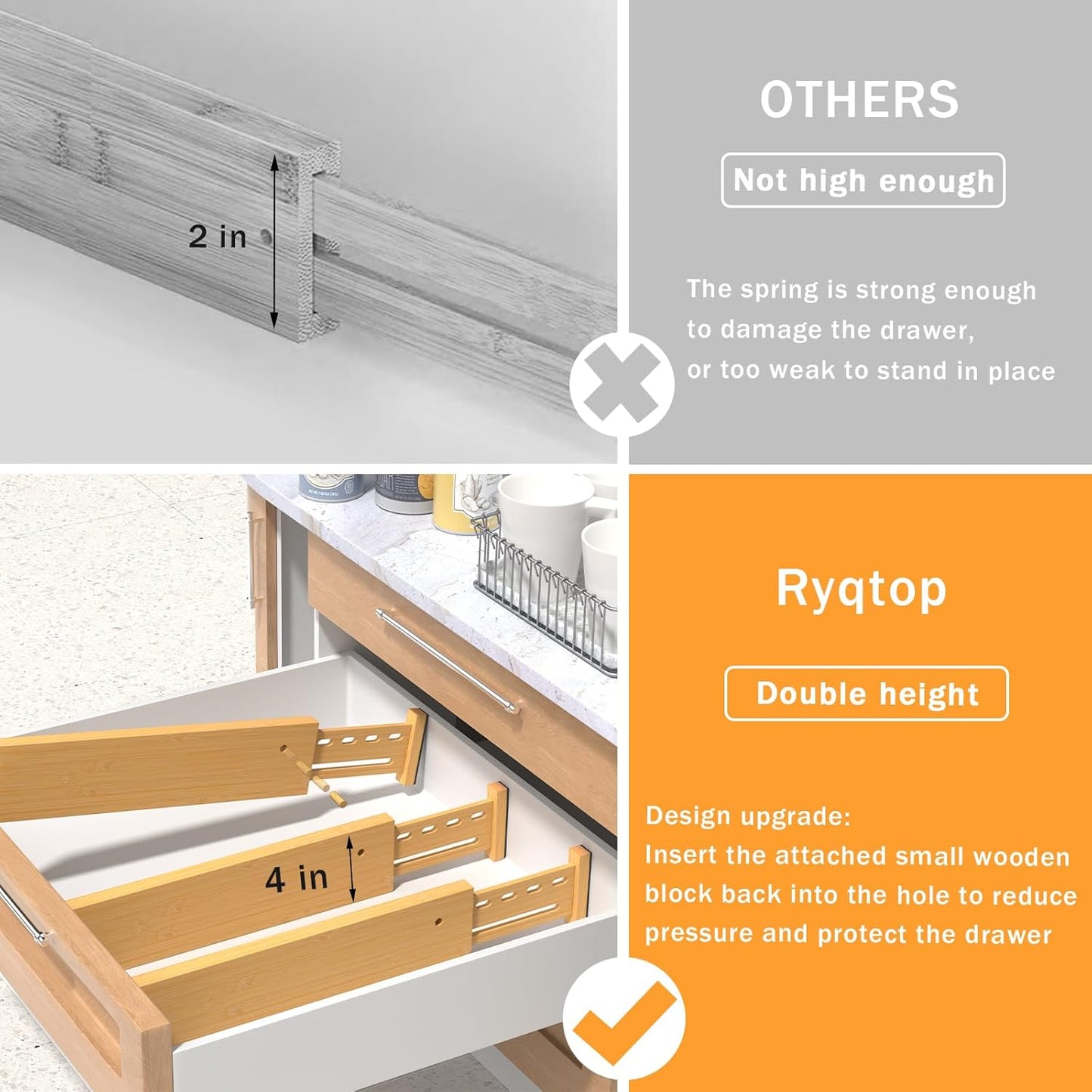 Bamboo Drawer Dividers 4" High, 12.8-18" Adjustable Drawer Organizers for Clothes,Expandable Dresser Separators in Bedroom/Kitchen/Bathroom/Office Organization and Storage,6 Pack