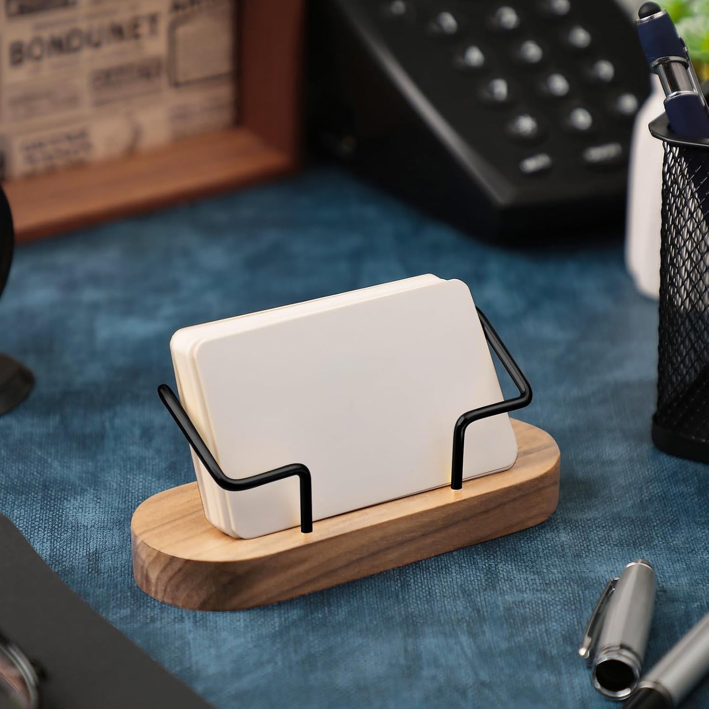 Amyhill 2 Pieces Wood Business Card Holder for Desk Wooden Business Card Display Stand Postcard Holder for Office Home Desktop(Wood Color)