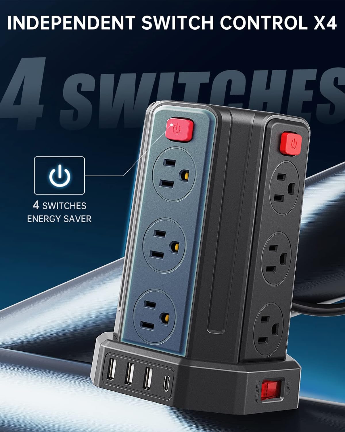 Power Strip Surge Protector, 10 Ft Extension Cord with 12 AC Multiple Outlets 4 USB (1 USB C), SMALLRT Power Tower Desktop Charging Station (Black, 10 FT)
