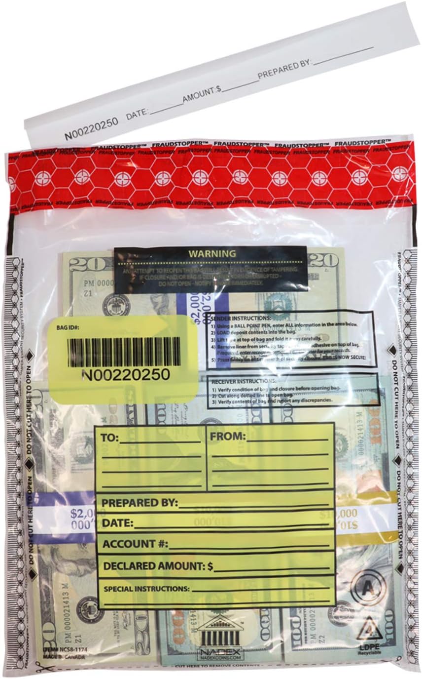 Nadex 9 x 12 Inch Tamper Evident Bank Deposit Bags with FRAUDSTOPPER Level 4 Security, 50 Pack (Clear)