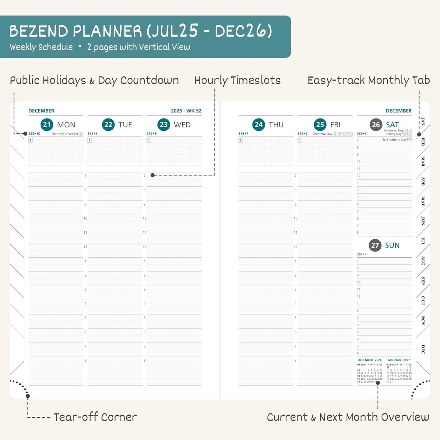 BEZEND Planner 2025-2026 Weekly and Monthly, 8.5" x 11" Academic Calendar (Jul 25-Dec 26) Vertical Daily Appointment with Hourly Timeslot & Monthly Tab, PU Leather Hardcover - Red