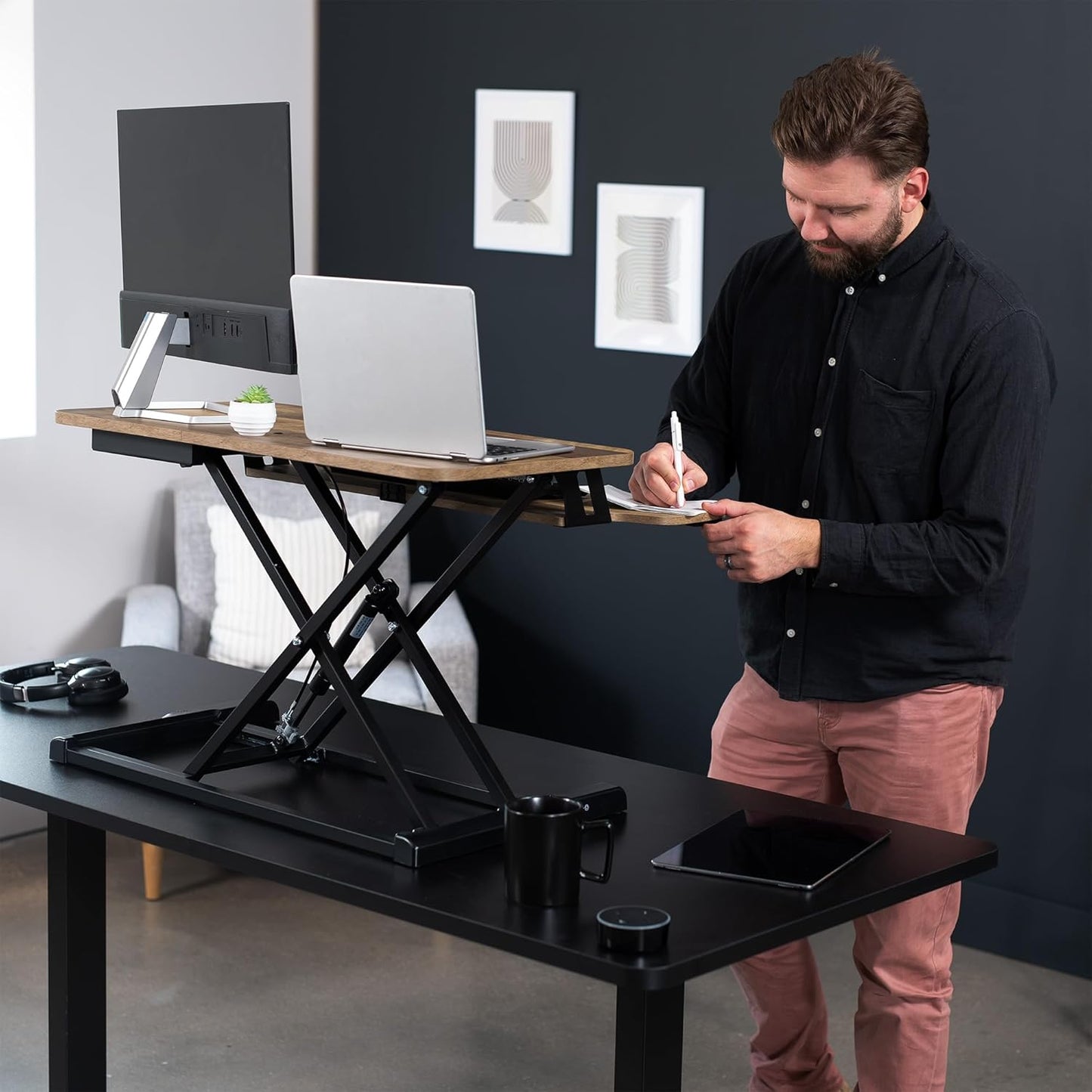 VIVO 32 inch Desk Converter, K Series, Height Adjustable Sit to Stand Riser, Dual Monitor and Laptop Workstation with Wide Keyboard Tray, Reclaimed Wood Top, Black Frame, DESK-V000KP