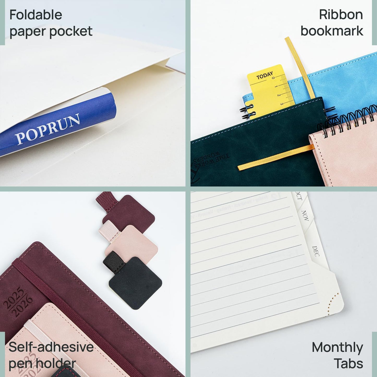 POPRUN Planner 2025-2026 Weekly Notebook (Medium 6.5''x 8.5'') Academic Calendar (JUL.25 - JUN.26) Appointment Book with Monthly Tabs, Leather Soft Cover, Inner Pocket, 100 GSM - Claret