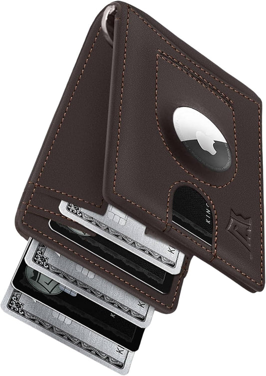 Kings Loot Trackable Airtag Wallet for Men | RFID Blocking Leather Design with Airtag Holder, Money Clip & Pull Tab | Minimalist Air Tag Wallets