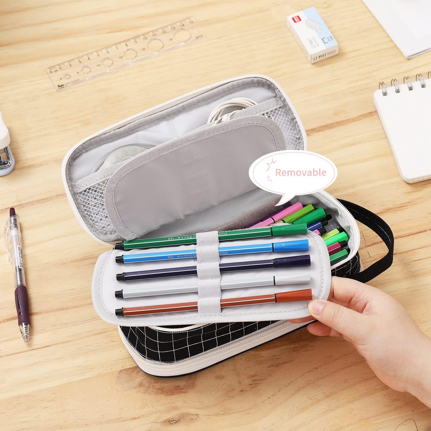 Large Pencil Case Zipper Pencil Pouch for Girls Boys Adults Kids Aesthetic Pencil Bag Organizer Big Capacity Pens Bag with Handle Portable for School Office Black-plaid