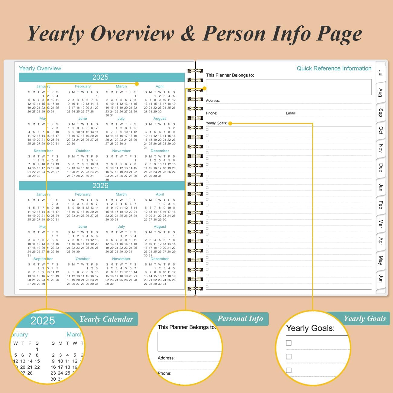 2025-2026 Planner - Academic Planner 2025-2026 from July 2025 to June 2026 with 12 Monthly Tabs, Flexible Cover, Inner Pocket, 8.5" x 11", Rose Leaf