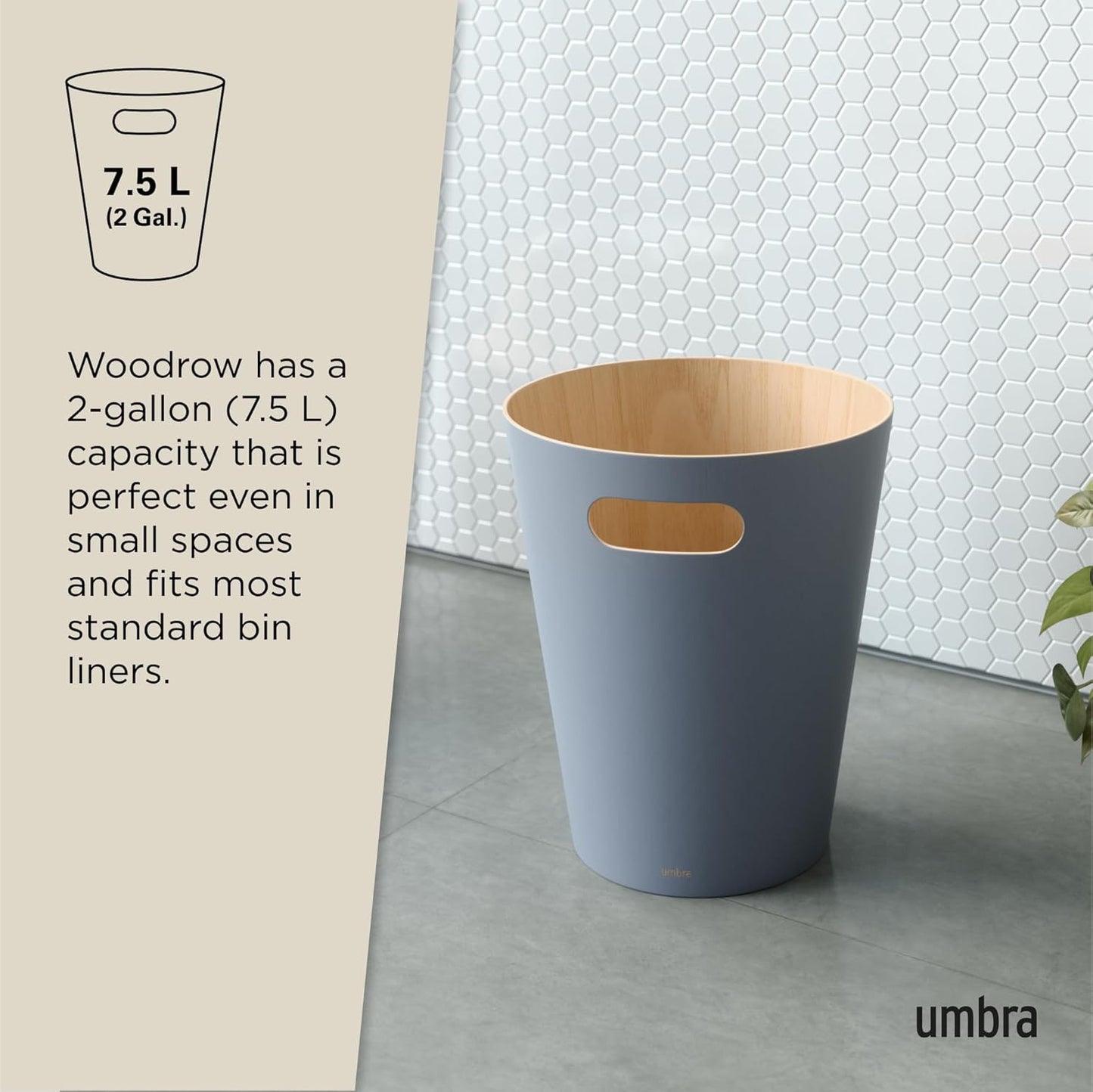 Umbra Woodrow 2-Gallon Modern Wooden Trash Can Wastebasket, Attractive Bin for Garbage or Recycling, Suitable for Home or Office, Slate Blue