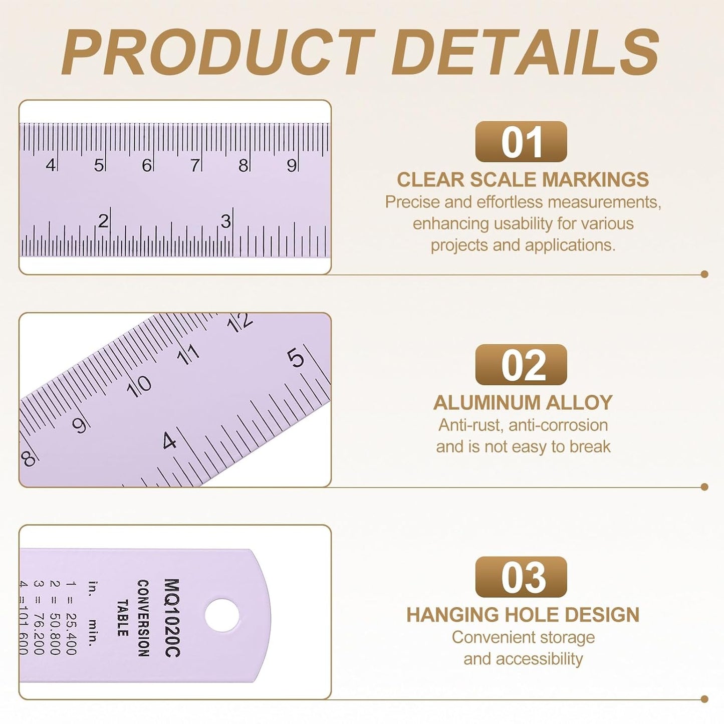 HARFINGTON 4pcs Metal Straight Ruler 20cm Metric SAE Aluminum Alloy Measuring Rulers Scale Tool with Hole for Measure Study Reading Classroom Office, Purple