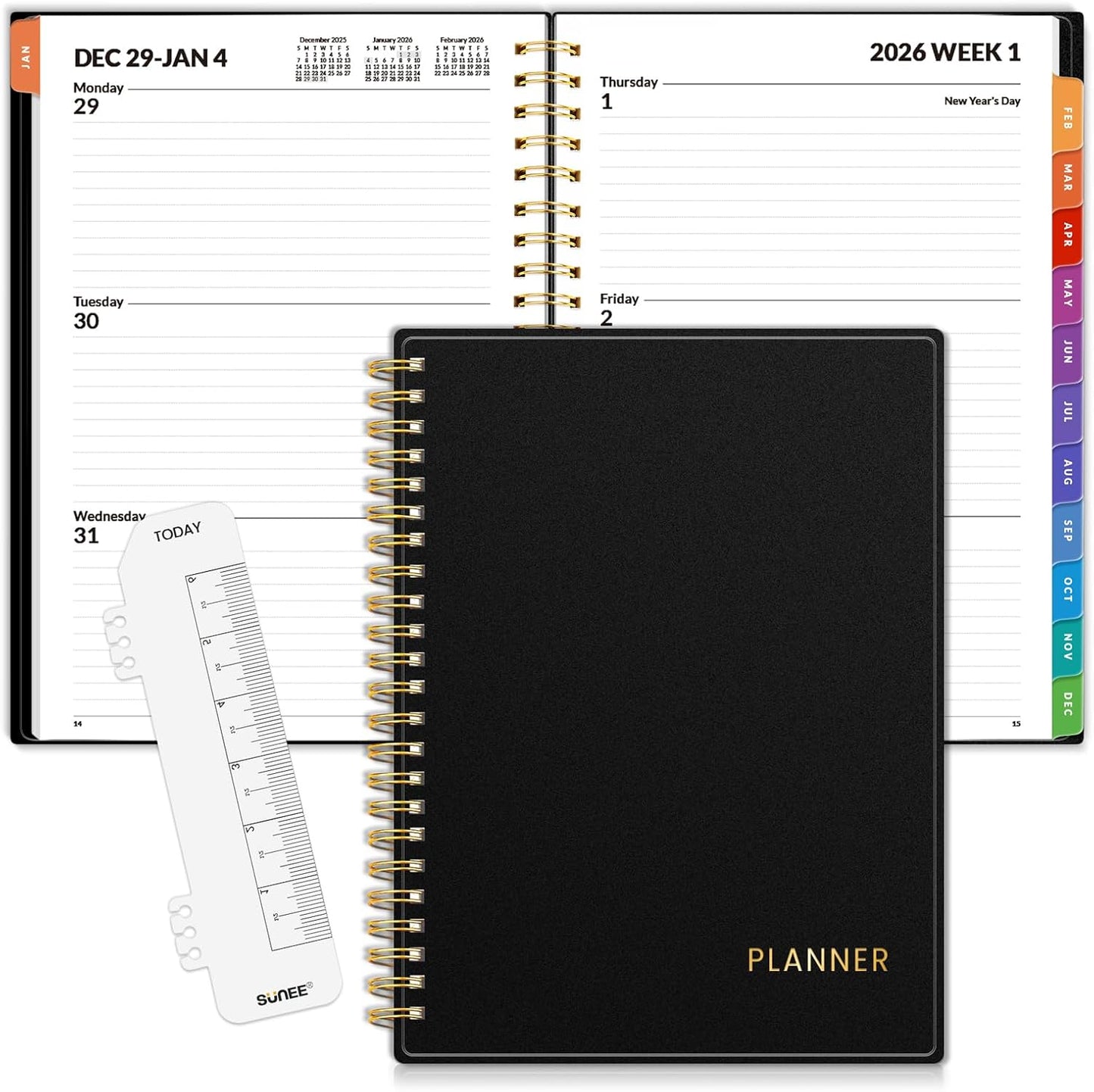SUNEE 2026 Weekly and Monthly Planner - from January 2026 - December 2026, 6.4" x 8.3" Daily Agenda Planner with Monthly Tab, Flexible Cover, Note Pages, Pockets, Bookmark, Spiral Binding, Black