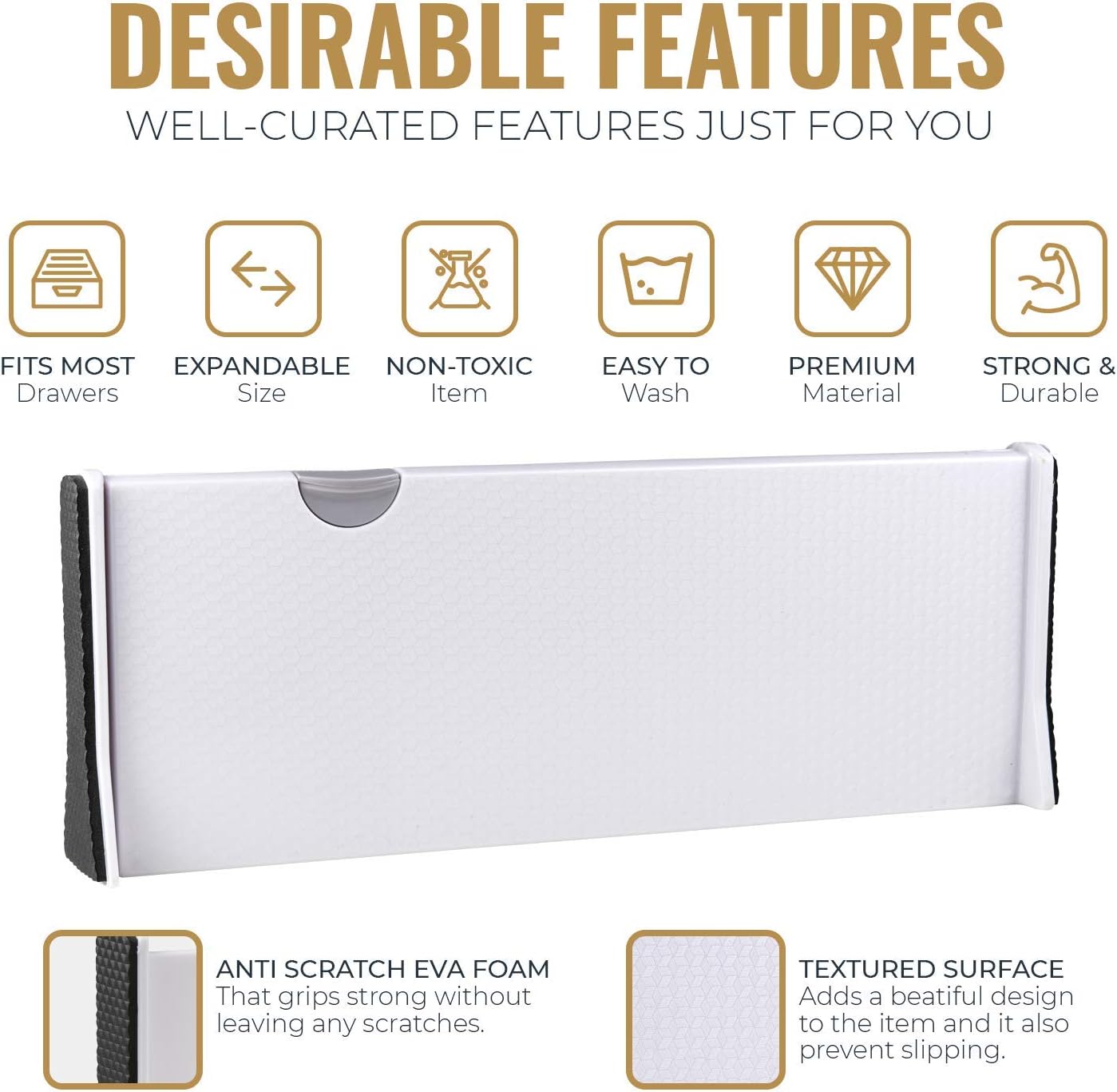 RAPTUROUS Adjustable Deep Drawer Divider – 5" Tall, Expandable 13-22", 4-Pack, Non-Slip Drawer Dividers for Clothes, Dresser, Kitchen & Office Organization (White)