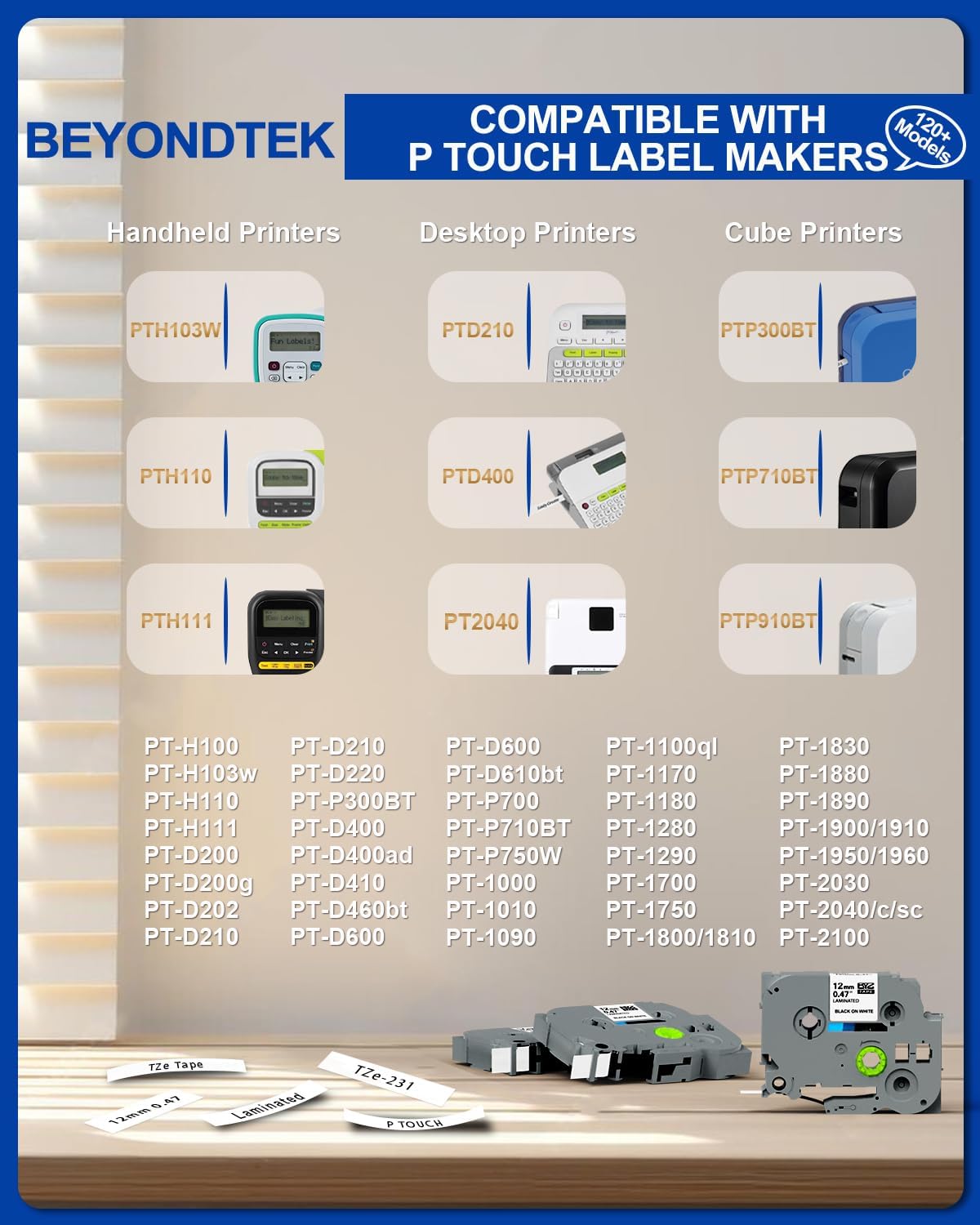Tze-231 Tzc-231 Work with Brother P Touch Tape Refill PTH110 D210 D220 Tape Refill 12mm 0.47 Laminated White TZ-231 Compatible for Brother Cube H103w 1180 1280 1890 2040,Black on White 8m 26.2ft