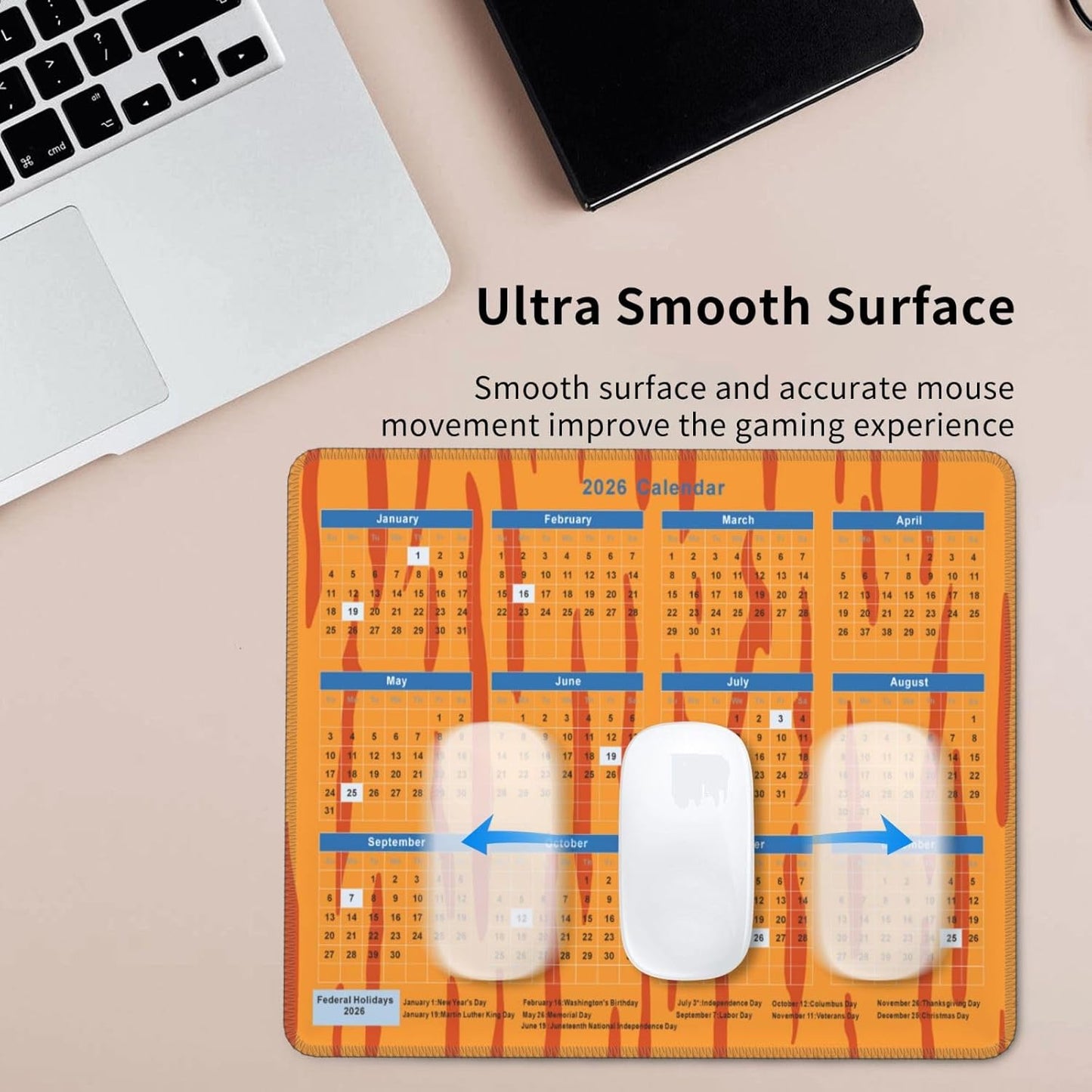 2026 Calendar Mouse Pad Tiger Texture, Calendar with Holidays Mouse Pads, Non-Slip Rubber Base Mousepad for Office Desk Computers Laptop